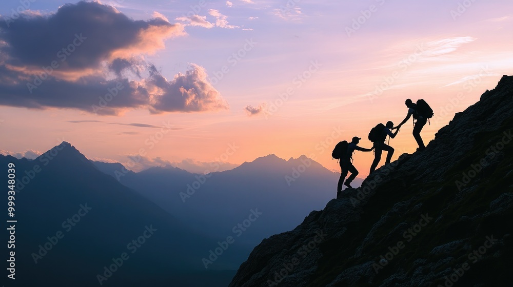 Hiker helping friend up a mountain at sunrise. People helping each other giving a helping hand to other hike up a mountain Hiker helping friend up a mountain at sunrise. People helping each other giving a helping hand to other hike up a mountain