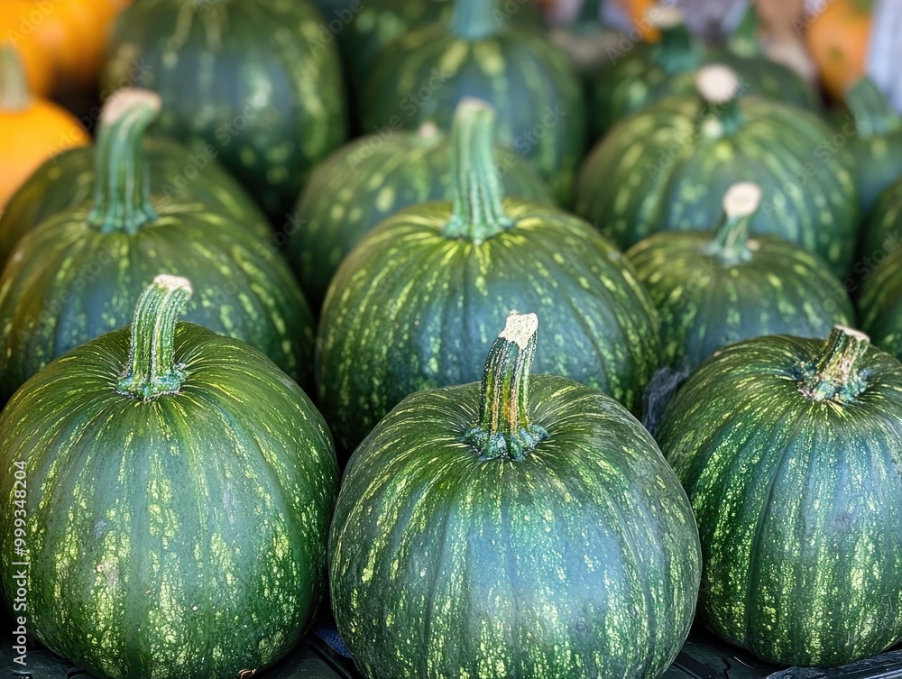 Green pumpkins displayed at a market Green pumpkins displayed at a market