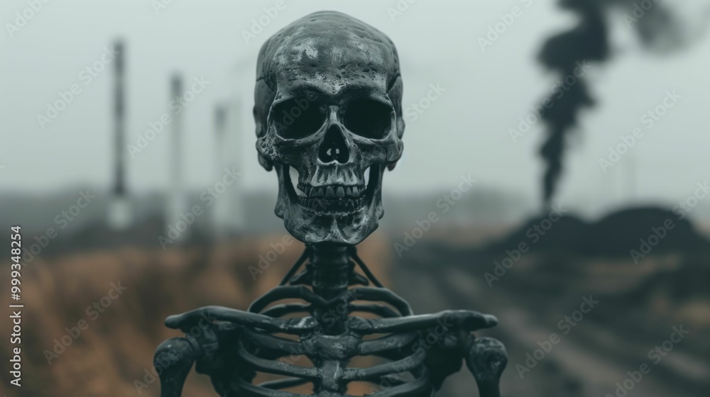 Haunting image of a human skull and skeleton figure contaminated and deteriorated by the bioaccumulation of toxic pollutants from industry