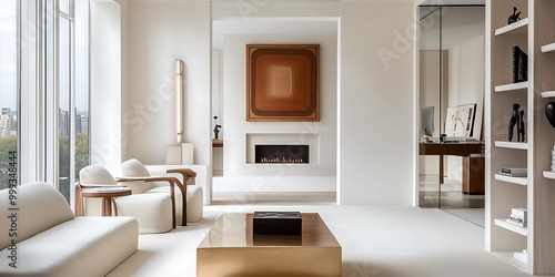 Interior of light living room with grey sofas, window and houseplant