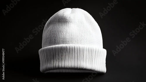 White knitted beanie on black background.