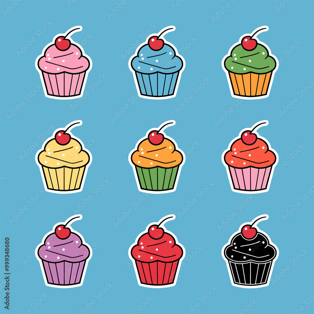 Sticker Set Cupcake with Frosting and Cherry Vector Sticker Set Cupcake with Frosting and Cherry Vector