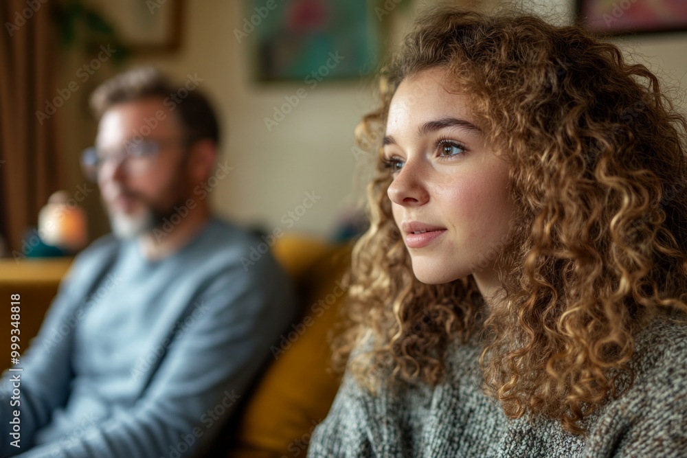 A thoughtful young woman with curly hair gazes into the distance. A calm environment enhances the mood. This image evokes feelings of reflection and connection. Generative AI A thoughtful young woman with curly hair gazes into the distance. A calm environment enhances the mood. This image evokes feelings of reflection and connection. Generative AI