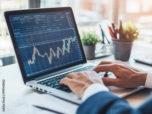 Broker showing real estate loan figures on a laptop screen, equity growth projections in background, modern office decor