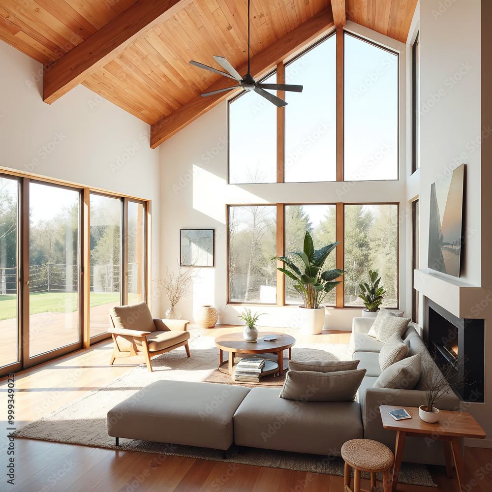 Fototapeta premium Spacious modern living room with large windows and wooden ceiling design