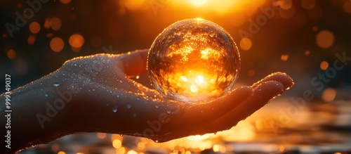 A hand holding a glass globe with a sunset reflected inside, surrounded by bokeh lights.