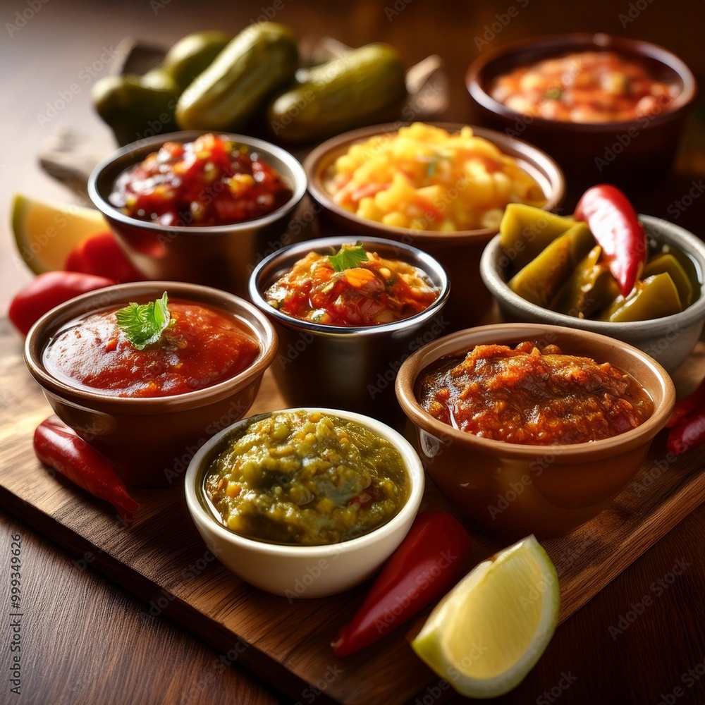Exotic condiments with depth of field showcasing spicy salsas and tangy pickles Exotic condiments with depth of field showcasing spicy salsas and tangy pickles