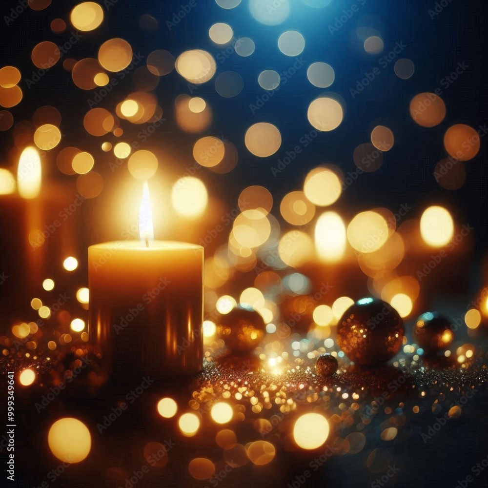 Golden bokeh dances around candlelight in deep blue darkness, capturing the serenity Golden bokeh dances around candlelight in deep blue darkness, capturing the serenity