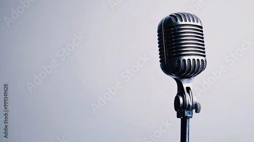 Vintage Microphone on White Background: Classic vintage microphone on a white background, with space for additional text or design elements. photo