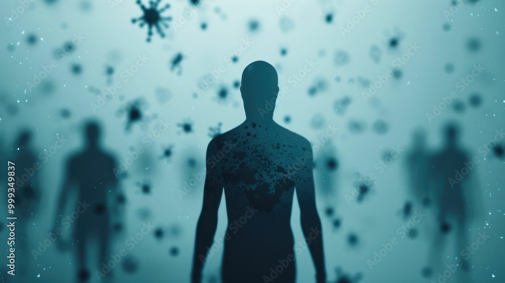 Surreal digital depicting the silhouetted figure of a human being overtaken and consumed by a spreading parasitic infection or infestation in a dark Surreal digital depicting the silhouetted figure of a human being overtaken and consumed by a spreading parasitic infection or infestation in a dark
