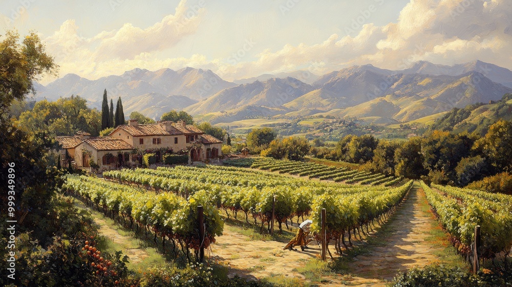 Naklejka premium Vineyard Landscape with a Farmhouse in the Italian Countryside