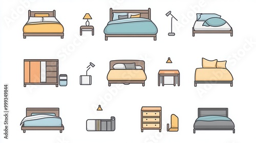 Bedding thin line icon set. such as comforter, bed, pillow, blanket, mattress, duvet