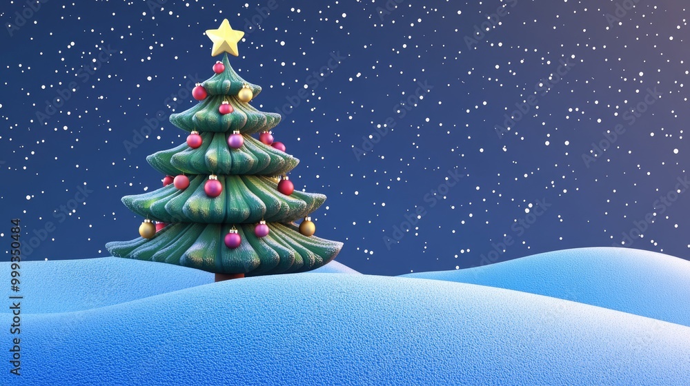 A Decorated Christmas Tree on a Snowy Hilltop with a Star on Top A Decorated Christmas Tree on a Snowy Hilltop with a Star on Top