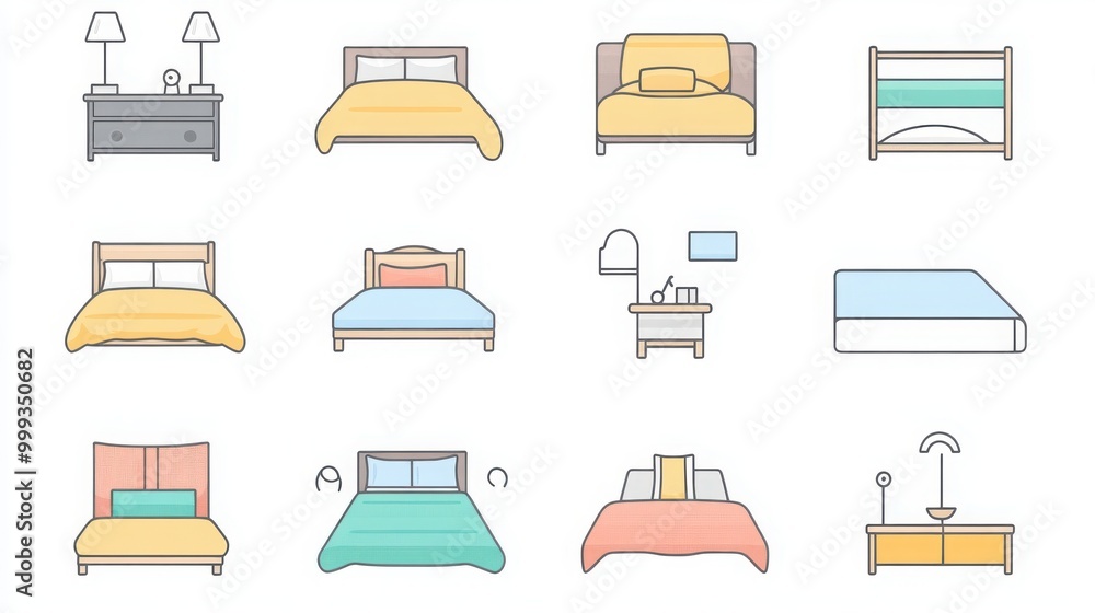 Bedding thin line icon set. such as slippers, bed, pillow, blanket, mattress, duvet, bed frame, sheet Bedding thin line icon set. such as slippers, bed, pillow, blanket, mattress, duvet, bed frame, sheet
