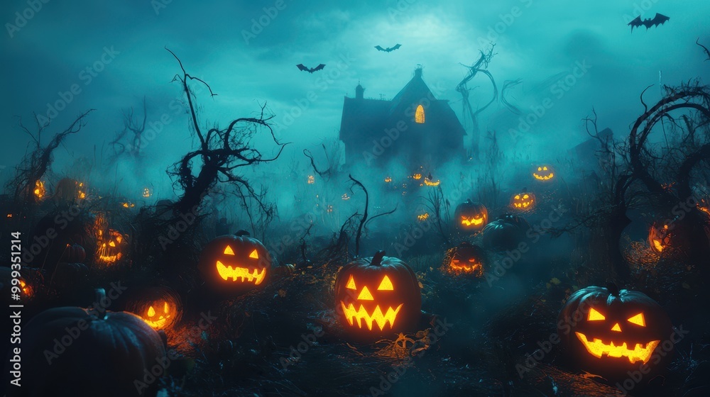 Spooky Halloween Night with Jack-O-Lanterns in a Foggy Forest Spooky Halloween Night with Jack-O-Lanterns in a Foggy Forest