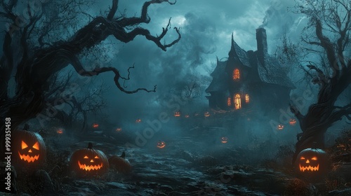 Spooky Halloween Night with Haunted House and Jack-o'-Lanterns