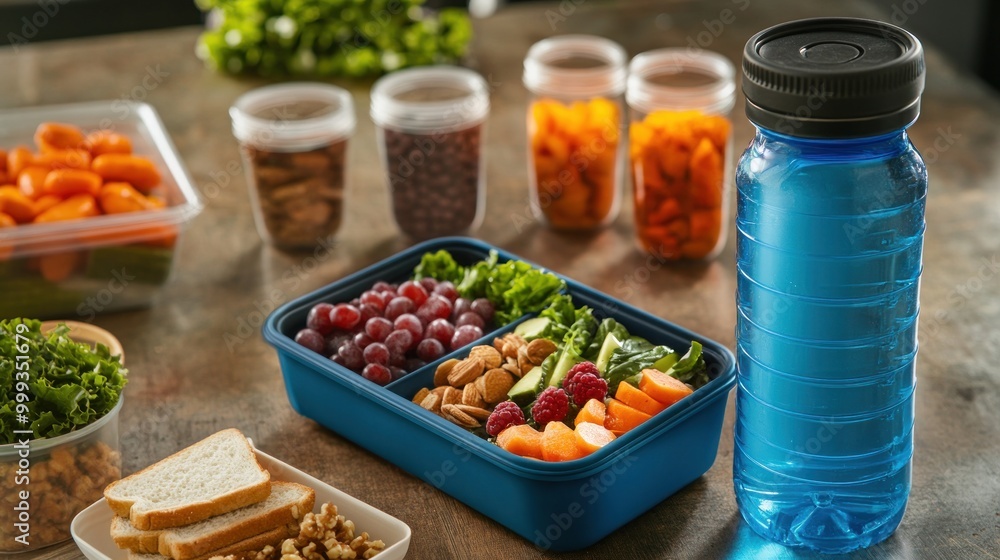 Photograph a lunch box packed with a variety of healthy snacks and a sandwich, placed next to a reusable water bottle for a complete meal. Photograph a lunch box packed with a variety of healthy snacks and a sandwich, placed next to a reusable water bottle for a complete meal.