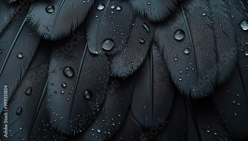 A close up of black bird feathers with water droplets, creating an elegant and mysterious atmosphere photo