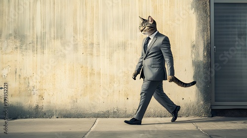 Anthropomorphic cat in a sleek grey suit walking confidently as if on mafia business