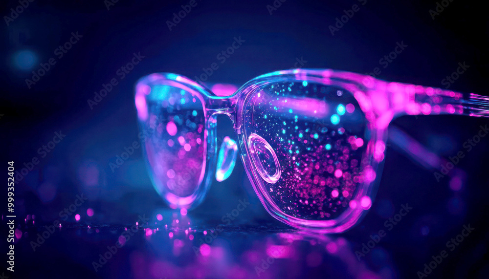 Stylish glasses illuminated by vibrant neon lights, creating an artistic and eye-catching effect of colorful reflections. Stylish glasses illuminated by vibrant neon lights, creating an artistic and eye-catching effect of colorful reflections.