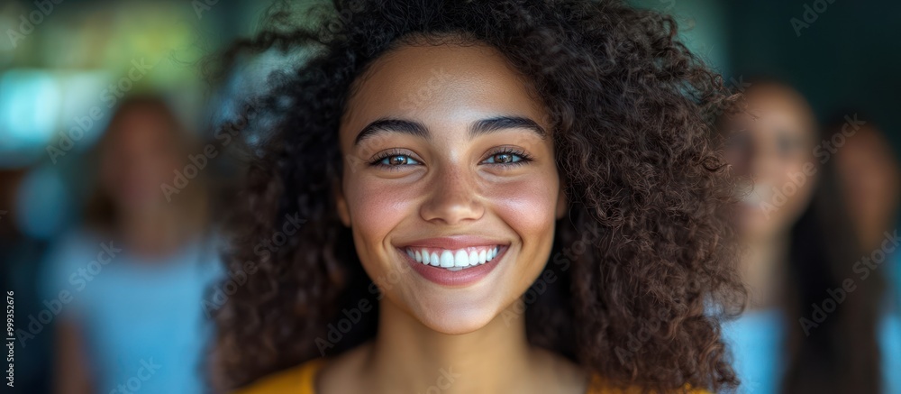 Portrait of a smiling young woman with curly hair and a group of people in the background. Portrait of a smiling young woman with curly hair and a group of people in the background.