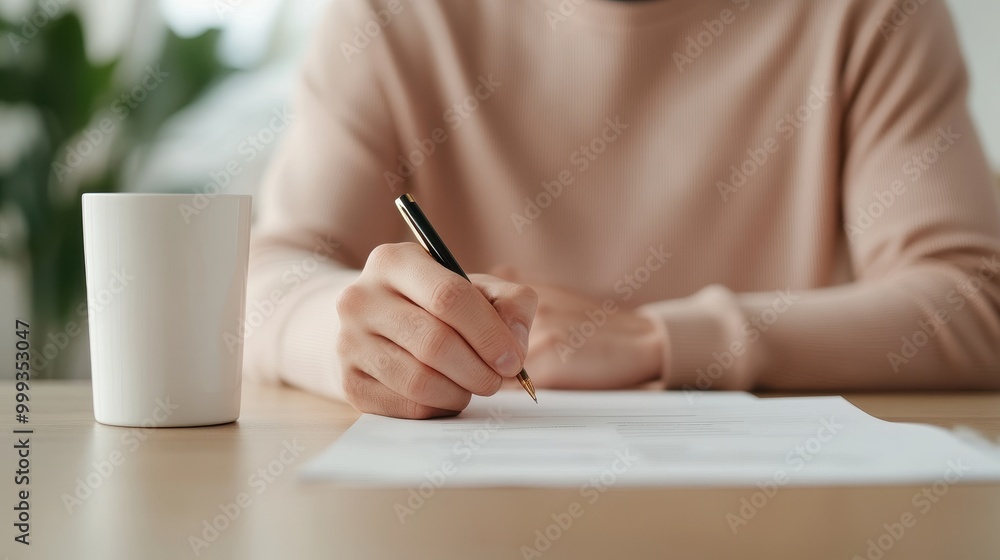 Focused Woman Writing in Notebook at Minimalist Workspace with Potted Plant Focused Woman Writing in Notebook at Minimalist Workspace with Potted Plant