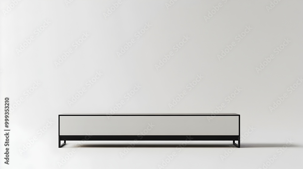 Streamlined TV Console with Sleek Powder Coated Metal Frame on Plain White Tabletop Streamlined TV Console with Sleek Powder Coated Metal Frame on Plain White Tabletop