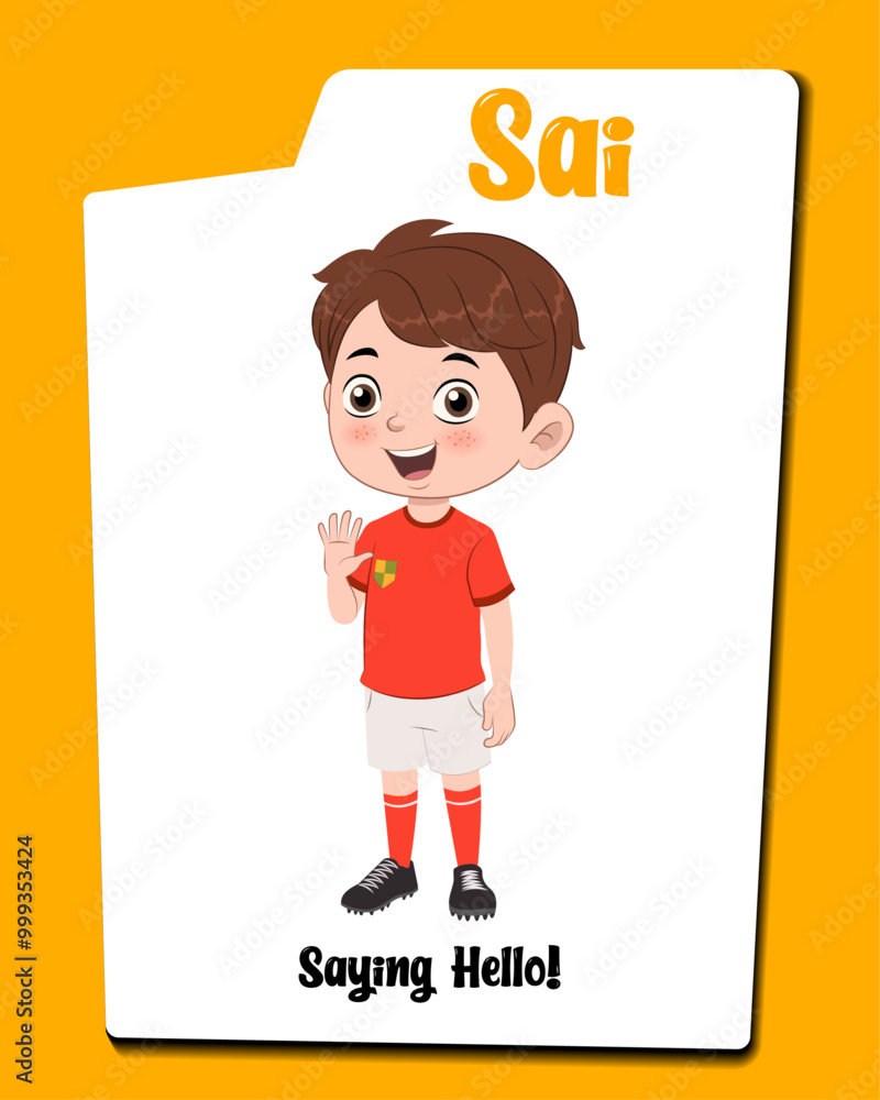 A sports boy cartoon character saying hello vector. Little boy cartoon character waving hi illustration. A sports boy cartoon character saying hello vector. Little boy cartoon character waving hi illustration.