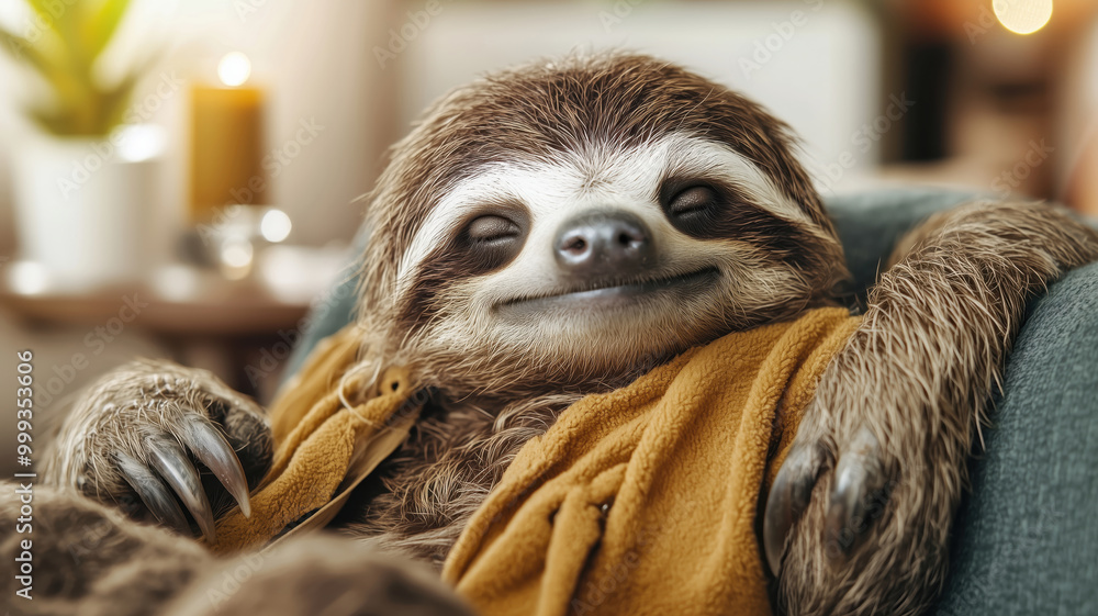 Fototapeta premium A cheerful sloth lounging comfortably on a cozy couch, wrapped in a soft blanket, radiating relaxation and comfort in a cozy home setting.