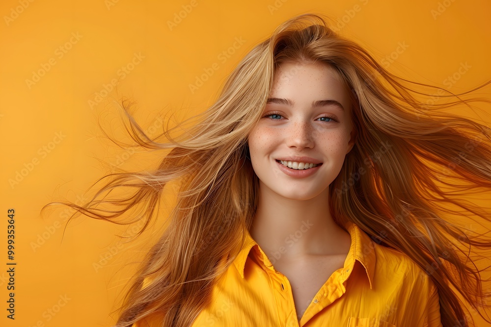 Fototapeta premium Woman with long hair smiling in yellow shirt.
