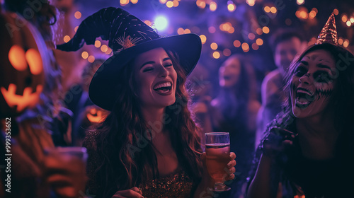 Attractive woman laughing while dancing with friends at Halloween party. The scene is filled with joy, friendship, and the excitement of Halloween. The spooky season together. Generative AI.
