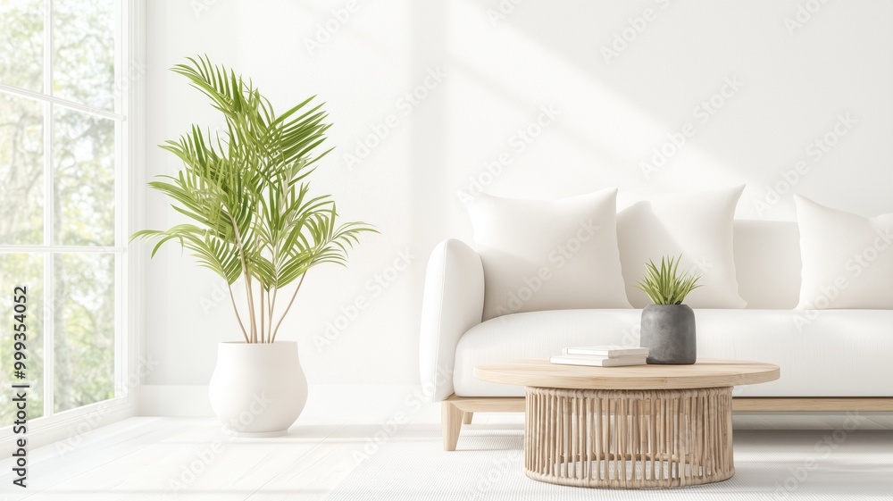 A modern living room featuring a white sofa, a round wooden coffee table, and indoor plants, creating a serene and minimalist atmosphere with natural light streaming in. A modern living room featuring a white sofa, a round wooden coffee table, and indoor plants, creating a serene and minimalist atmosphere with natural light streaming in.