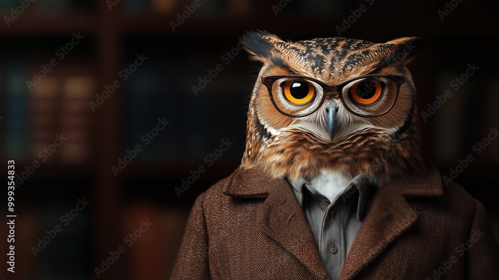 An owl wearing glasses and a suit, exuding wisdom and charm. Perfect for depicting intelligence or scholarly themes against a soft, blurred library background. An owl wearing glasses and a suit, exuding wisdom and charm. Perfect for depicting intelligence or scholarly themes against a soft, blurred library background.