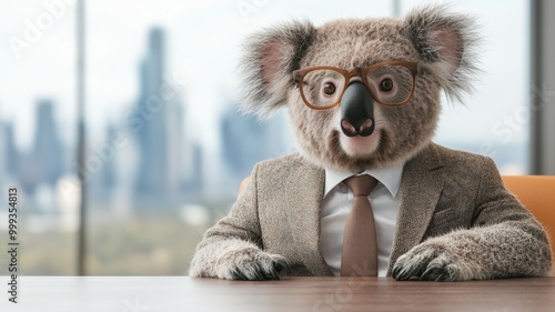 A whimsical koala dressed in a business suit sitting at a desk in an office, exuding a charming yet professional vibe, with a cityscape visible in the background. photo