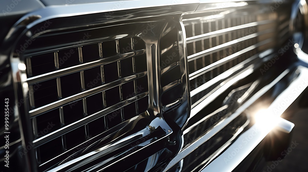 Close-up shot of a 1980s car grille and headlights, with chrome details glistening in the sunlight Close-up shot of a 1980s car grille and headlights, with chrome details glistening in the sunlight