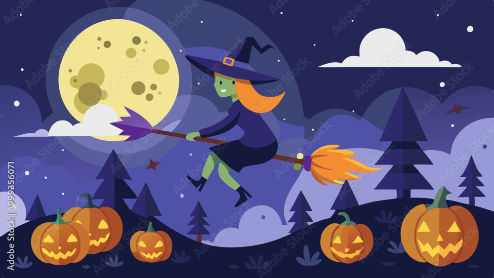 Fototapeta premium Flat illustration of a witch flying on a broomstick across a night sky filled with stars and a full moon. Below, show an autumn forest with colorful trees, scattered pumpkins, and bats flying above.
