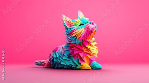 Colorful paper art cat on a pink background, showcasing creativity and craftsmanship.