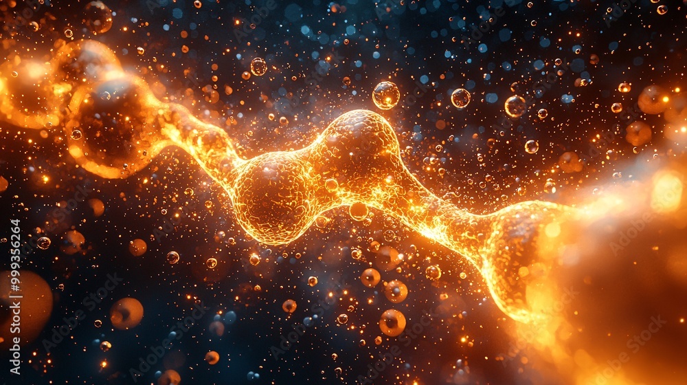 A 3D rendering of a molecule entangled with golden liquid bubbles in a glowing abstract space A 3D rendering of a molecule entangled with golden liquid bubbles in a glowing abstract space