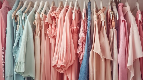 Elegant Pastel Fashion Clothing Rack Display in Boutique Store photo