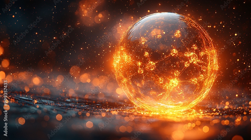 A molecular structure floating inside a glowing golden bubble, softly illuminated in a futuristic space A molecular structure floating inside a glowing golden bubble, softly illuminated in a futuristic space