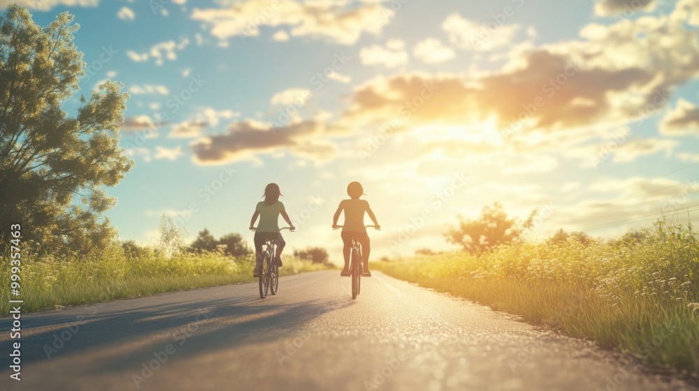 two friends riding bicycles down a quiet road, their laughter and energy captured in the moment two friends riding bicycles down a quiet road, their laughter and energy captured in the moment