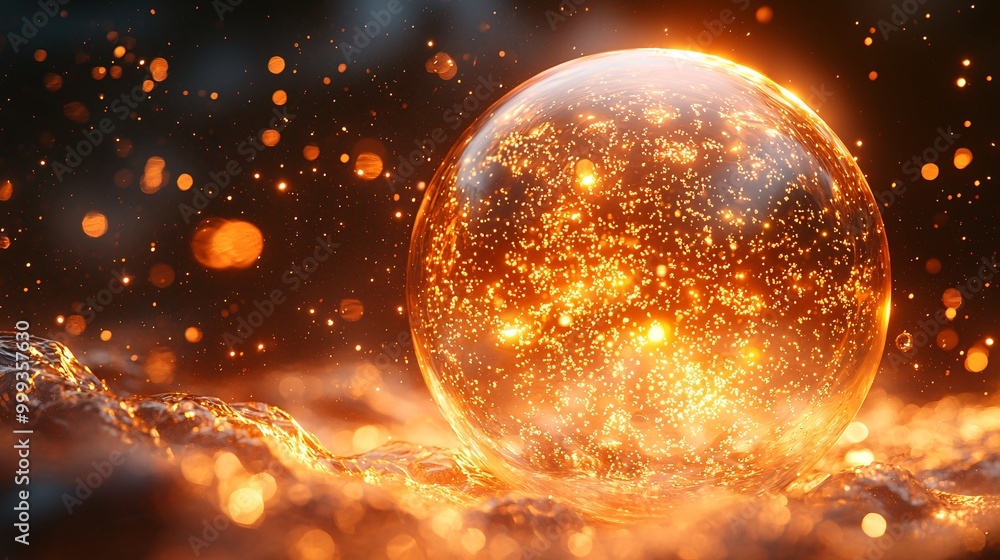 A single molecule inside a large glowing golden bubble, surrounded by soft light and shadows A single molecule inside a large glowing golden bubble, surrounded by soft light and shadows