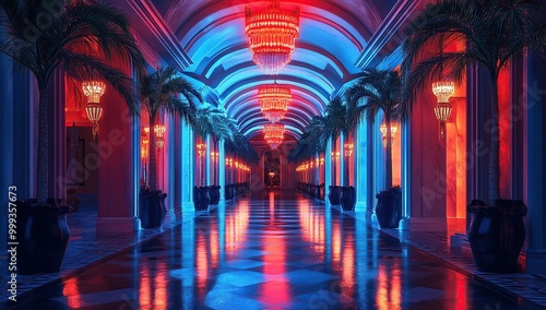 A long corridor in an old palace with red and blue lighting, illuminated by chandeliers