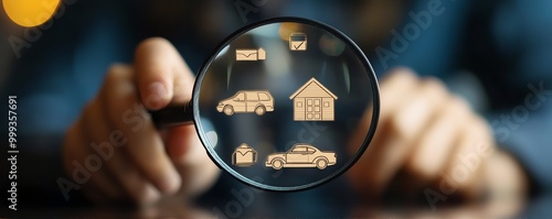 Insurance and assurance concept, Person using magnifying glass focus to family insurance icons for medical, life, car, home, travel insurance photo