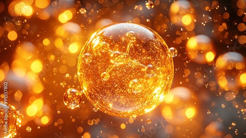 A close-up 3D view of a molecule floating in a glowing golden liquid bubble, surrounded by other bubbles