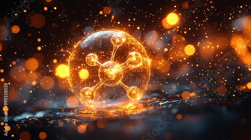 Fototapeta Naklejka Na Ścianę i Meble -  A molecular structure floating in a glowing golden bubble, casting reflections in a dark 3D space