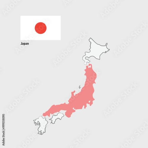 An illustration of Japan's flag, featuring a red circle symbolizing the sun, superimposed on the country's map, highlighting its island geography in white against the backdrop of the iconic flag.