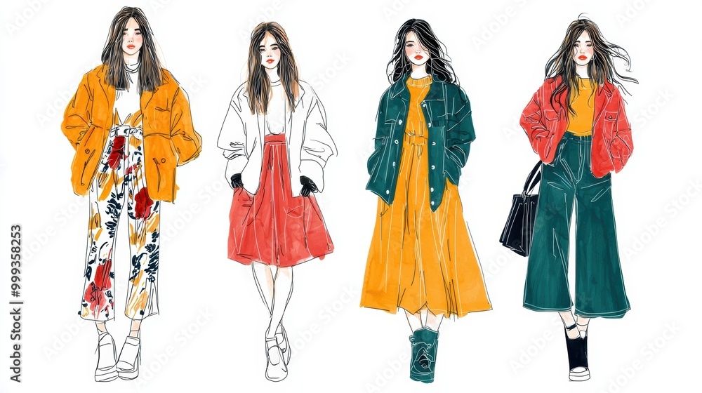 Fashionable Women in Colorful Outfits Strolling on the Street Fashionable Women in Colorful Outfits Strolling on the Street