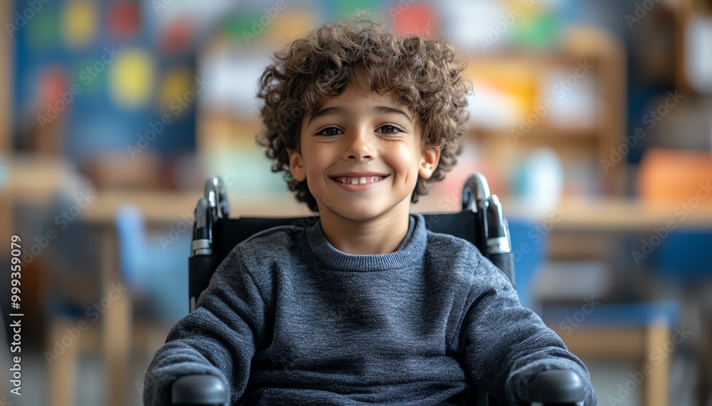 Happy disabled schoolboy in wheelchair Young boy with disability in inclusive school classroom Diversity equality inclusion in primary education Happy disabled schoolboy in wheelchair Young boy with disability in inclusive school classroom Diversity equality inclusion in primary education