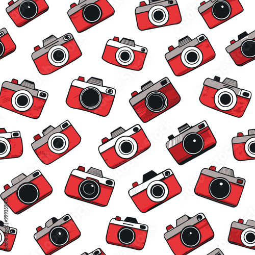 This design showcases a playful arrangement of various little photography cameras in red tones against a clean white backdrop perfect for creative applications